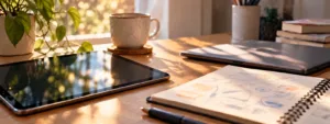 schreibtisch mit notizbuch und Laptop