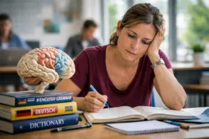 Frau sitzt da und lernt. man sieht ein Gehirn und Wörterbücher